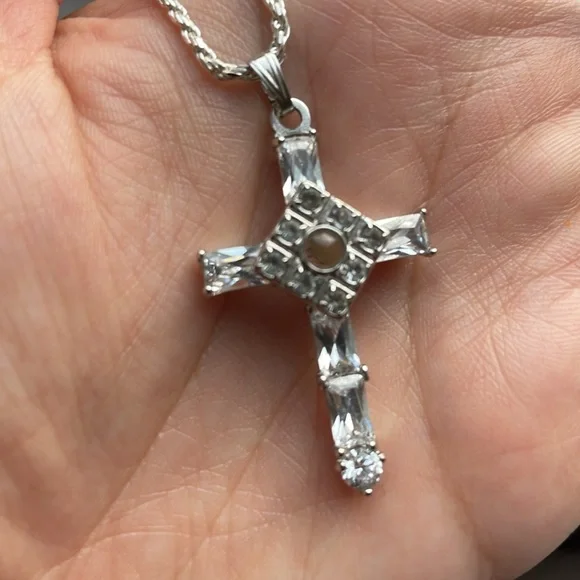 Italian 925 sterling silver cross necklace w/ stones & see-through center